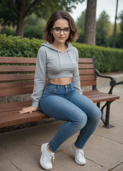 young woman, white, 20 years old, height 155 cm, cute face, feminine, (((medium breasts))), smiling, look at viewer, medium breasts, full body view, front view from side, short straight chestnut hair, freckles, (blushing), oval glasses, park background, sitting on bench, legs slightly open, gradient, (((tight hips))), tight hips, small hips, slender thighs, tight ass, big ass, entire head is visible, no head cropping, tight hoodie, hoodie, jeans, low-waist jeans, taie_pexi1, woman, oval_cell, glasses, <lora:taie_pexi1:1.3>, <lora:oval_glasses_cell-frame1_SDXL_V1:2>