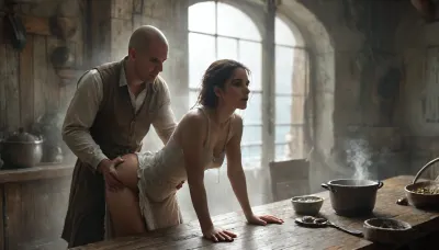 1man, 1girl, 16th century., (Peter is an very much ugly, ultra fat, bald head, male matured cook:1), in the galley of a pirate sailing ship, his belly is fat and round. highly detailed face, partly toothless. The clothing corresponds to simple 16th-century cotton dress clothing. Peter is fucking Maria from behind in the low light galley, Maria is Peter's kitchen helper, (Maria is sexy, young and slim:1), Peter fucks Maria from behind, Peter push Maria to bent over the pot of soup, while Maria stirs a large pot of soup on the fire, rough, (sweaty bodies:1.7), extremely heat in the galley, highly detailed messy dirty galley, cinematic, (masterpiece, detailed), FRESHIDEAS, Real, Photography, 2#, Black, and, white, art, black, shading, charcoal, toned, brutal, dark, b/w, color, scheme, <lora:FRESHIDEAS Real Photography 2#:.6>, <lora:Black and white art.V1:.4>, <lora:MJ52:.4>, <lora:add-detail-xl:1.1>, <lora:Dramatic_penis_SDXL:.8>