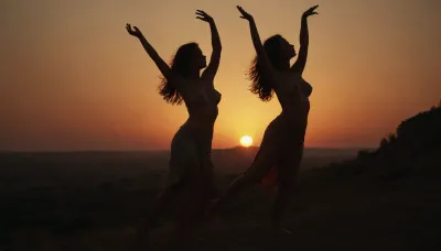scene some young women in ancient rome, outdoors on a lonely hill, sunset, very dimmed light, (very sexy women dancing arms up before the sunset, big breast, topless), the wind blows through their hair, full body view, only outlines visible