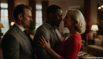 romantic ambient light, (a white-skinned husband hands his sexually aroused hot mature wife to an muscular elegant African man for hot sex), husband shares his wife to please her, Christmas time, husband stands in the background, 50-year-old mature hot thin blonde wife kissing her African lover, happy wife pushes husband softly away, perfect face, perfect hands, elegant living room of a mansion, various emotions, various facial expressions, various perspectives, active movements, 8k, photorealistic, FRESHIDEAS, Real, Photography, 2#, <lora:FRESHIDEAS Real Photography 2#:.5>, <lora:add-detail-xl:.6>, <lora:MJ52:.4>