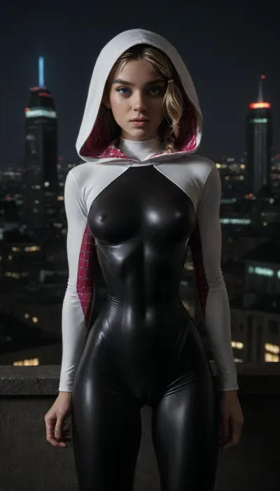 night, clear weather, (((18 years old))), (((young))), (spider girl Gwen Stacy), Braided side Side Cornrows Hair, (tight outfit), (athletic body:1.5), hood on head, (hip gap:1.3), wide hips, (narrow waist:1.5), (blonde with pink strands), (view from front:1.6), climbs to the roof of a high-rise building, (makeup), New York day, ((pussy cameltoe:1.4)), (wet clothes), (makeup:1.2), (oiled skin:1.7), (wet tight bodysuit:1.8), hand, 1girl, (athletic ass), medium natural breast, (high detailed face:1.5), dim lights, (hard nipples:1.3), (chiaroscuro lighting:.3), <lora:HandFineTuning_XL:1>, <lora:MGLRbodysuit_sdxl:.6>, <lora:uberfit_lora_sdxl:.4>, <lora:dark:.3>