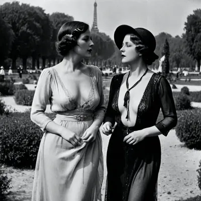 1920s vintage black and white photograph, frivolous milfs sheer in Parisian park, style of Alexandre dupouy, fdec, <lora:fdec:.8>