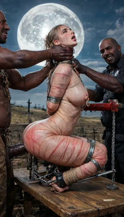 (tiny petite she-devil:1.24), demon, ugly, scary, dark, beast, uneasy, macabre, evil, goddess of hell, demonic, Black, wings, monster, scary creature, apocalypse, rapture, hell, hell on earth, apocolyptic scene of destruction, extremely intricate detail, best quality, view from side, award winning photo, (large heavy nipple rings:1.5), (leg spreader bar:1.5), (tits:1.23), (whip_marks:1.18), (flogged_tits:1.2), slap marks, (porn photo shoot:1.2), (in a bloody filed after a battle, white full moon in the sky:1.4), (man is choking her from behind:1.4), ((hogtied, bound with large chains, crucified to a torture table, spikes through hands:1.3)), (torture:1.32), (large sharp sword in anus:1.12), cock in mouth, (brutal face fuck), Blowjob, (tears in eyes:1.5), (running makeup), (cum drips from nose:1.3), (cum drips from mouth:1.3), ultra hd, photorealistic, hyper gigantic large black cock in mouth, (((hyper gigantic large black cock in mouth:1.3))), oral cream pie, hair grab, sad crying, tongue out, gasping for air, zavy-brbrn, gangbang, double anal penetration, anal spitroast, groupsex, deepthroat, (4 gigantic African black brute thug, huge trunklike arms, huge head, hyper muscular body, dressed in slave clothes:1.32), ((hogtied, bound for sex, tied up)), (((hyper gigantic large white cock in mouth:1.3))), (pulled nipples:1.2), nipple clamps, (((spitroast))), (((hyper large cock in mouth:1.3))), screaming, shocked, deep anal penetration, Uber realistic, 8k, ultra detailed, masterpiece, arched back, detailxl, 35mm photograph, film, professional, 4k, 1girl, 5 boys, hdr, photographic, ultra realistic, ultra high details, back light, (front view), (dynamic pose), incredibly lean body, anal sex, with large muscular black men, gargantuan black cocks, large hyper muscular fat old men, (double anal sex), swollen white veiny cocks, (double anal penetration), hardcore double penetration, proper physics, big white cocks, muscular white double anal gangbang, (forceful penetrations), extremely graphic, shocked expression, beautiful hands, defeating a woman in combat, fighting, killing, blood, winning fight, magazine cover, Realism_Quality_2xx_By_Stable_Yogi, score_9, score_8_up, score_7_up, (((very pretty face:1.3))), (((extremely ultra detailed face:1.3))), perfect, (extreme size difference:1.6), (ultra realistic), (maximum quality), (high resolution), (extreme detail), (ultra realism), UHD, super high quality, highly detailed, high resolution, perfect lighting, natural lighting, (dynamic angle), (random angle), (random pose), (dynamic view), (random view), golden hour, rich details, nature-inspired color palette, (eyes wide open in horror:1.48), (wide mouth spreader:1.12), (pleading expression:1.48), (terrified:1.45), (crying:1.24), (fear and panic:1.56), zavy-brbrn-sdxl, 2>, <lora:Dark_Elf_Warrior:2>, <lora:Drow:2>, <lora:339100_training_data:2>, <lora:zavy-brbrn-sdxl:2>, <lora:LCMTurboMix_Euler_A_fix:2>