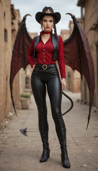 Azula from avatar the legend of aang, very very very long gigantic braid, undercut, red hair, perfect hourglass body, intricate skin tight black lace cowboy hat, cowboy leather pants, cowboy boots, cowboy belt, cowboy shirt long sleeves, cowboy leather vest, long cowboy leather coat, demon wings horns tail legs, female-tiger, tiger-breasts, tiger-teets, tiny-waist, furry-yiff-face, Sexy furry, furry-art, fur, Sexy tiger, tiger tail, tiger face, furry face, anthro-furry-yiff, yiff-anthro-furry-tiger, perfect robotic hourglass body, robotic face, robotic hair super, big round robotic breasts robotic fullbody