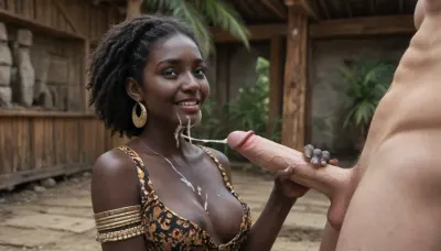 Extreme realistic photo of a 30 year old cum covered african girl, natural light, nubian princess, very deep black skin, extremely busty, huge natural tits exposed, very big breast, busty, huge unruly afro hair, ((breasts completely exposed)), african native dress, she is giving a handjob to a white male, uncircumcised dick, 1man, caucasian man, caucasian dick, Cum all over her breasts, shy smile, surprised, she is looking at the cum on her not the viewer, surprised laugh, handjob man, cumshot, ejaculation, black skin, ((nubian princess)), (((deep black skin))), (((white man with hard erection))), she is stroking the dick, (((cum ejaculating high in the air from white dick, lands on her face)), (cum over hands), Aesthetic, facial, cum, on, face, breasts, stomach, covered, in, perfect, (((location is a native african palm hut)))), perfect face, perfect fingers, perfect teth, perfect mouth