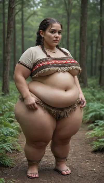 hyper heavyweight, fat woman, obese, (fully dressed:1.3), forest, massive fat thighs, (shortstack:.03), braided hair, tribal, fondling