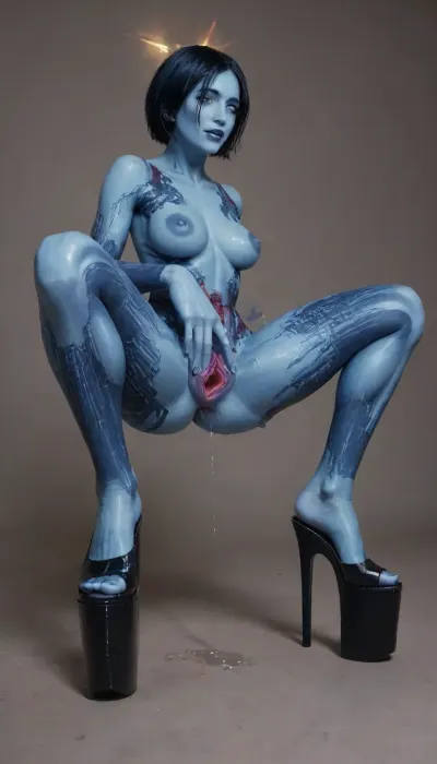 ((blue skin, blue hair, Cortana from Halo, Cortana robotized, robot Cortana, all shiny Cortana, natural breasts, all of her body is shiny metallic, very high platform heels, sultry look, in one shoe, without shoes, in high heels, barefoot, swollen pussy, leaking pussy, very long legs, narrow hips, narrow calves, swollen vulva, upset mind, trembling, a scared expression on her face, gloves pulled up to her elbows, garter, standing, full body view, side view, rear view, shows ass)), 20 year old girl, smile, best quality, photorealism, masterpiece, ice blue eyes, topless, flat, chested, Ultra detailed RAW color photography, highly detailed, high level of detail, (skinny:1.5), tall, small waist, small hips, tiny ass, long thin legs, Lying on her back, (oiled skin:1.4), very freckled, alone, jewelry earrings, very red symmetrical lips, round eyes, round tits, (((perfect fingers, perfect hands perfect skin, hyper spread pussy, hyper gaping pussy, squat))), tows, ropes, ((hyper gaping pussy, hyper gaping vagina, maigre, musclé, seins visibles, pussy visibles, big clitoris visibles, seins nus, HDR pussy, hyper spread pussy, squat, hyper pussy juice dripping)), (perfect adult body proportions), Real, photorealistic, hi-detaild, 8k, pussy dripping, pussy dripping semen, (spread pussy:1.1), hi-detailed pussy, perfect pussy
