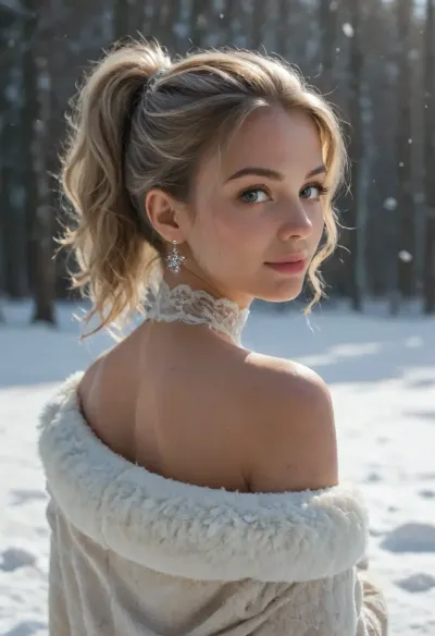 score_9_up, score_8_up, score_7_up, masterpiece, A gorgeous girl, thin, tanned skin, platinum blonde hair, wave hair with ponytail, 22 years old, on her knees, fur robe, undressed, white stockings, smiling, white lace choker, pink lips, (((snow, ice, snowing, snowflakes, in, on, head, shoulders, upper, body))), sunlight from behind, shadow