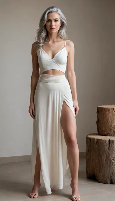 A woman of 60, fair-looking, with long grey hair, wearing a long white flowing skirt with a slit up to the thigh. The skirt is light, made of thin material, with soft folds. The woman is wearing a completely naked top, her figure is emphasized. A long, beautiful, model-like bare leg is set to the side. On her feet are light sandals with a very high heel. She is looking down, her expression is calm, carefree. Her pose is confident, but not aggressive. Her body is relaxed, but not passive. She is wearing a delicate necklace. The light beige background creates a soft, natural light, dim, like natural light. The floor is light, beige, made of porcelain stoneware. On the floor is a wooden stump, on which the woman put her foot. The wood is dark brown, with the texture of natural wood. The composition is central, the emphasis is on the figure, the atmosphere is calm, the image is aesthetic, a little mysterious, feminine, without a pronounced emotional coloring. Modern style of photography, soft light, moderate color saturation.
