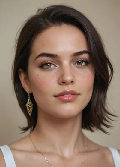 diamond-like face, sharp cheekbones, narrow chin, golden olive skin, cat-like hazel eyes with gold flecks, upturned gaze, bold straight brows, aquiline nose, plump glossy lips, sleek raven-black hair parted center, seductive three-quarter gaze, lips smirked, ultra-realistic, highly detailed portrait, cinematic depth of field, ZipRealism, Movie, Still, Film, Cinematic, Shot, Lighting, <lora:JuggerCineXL2:.8>
