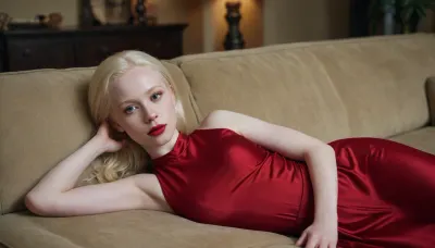 25 year old albino girl, laying on the couch in living room, blonde long hair, wearing red crimson dress, red lipstick, full body view