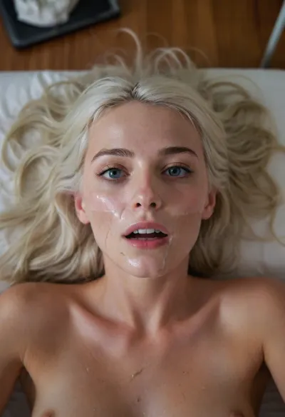 selfie Polaroid photo of a very pretty naked college 25yo skinny woman in a dorm room lying on her back with messy long white hair and no makeup with her mouth open having an orgasm, (detailed face and eyes:1.2), Aerial view, shot from above, view from ceiling, erect nipples, her face is covered in cum, cum on face, facialized, superfacialized, mature, woman, cum, on, face, <lora:facialized:1.4>, <lora:JustCum:1.1>