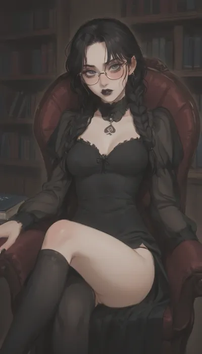 girl, 20 years old, ((naive face, blushing)), (glasses, blue eyes), ((glamorous goth makeup, black lipstick)), petite little body, (jet-black long hair), (braids), beautiful face, big round eyes, beautiful hair, medium firm round breasts, see-through pierced nipples, stunning quality, (short black a-line dress), ((beautiful smooth vagina visible)), (queen of spades tattoo above vagina), toned legs, (long black stockings, black thong pulled to side), (sitting on chair reading book at library, looking at the camera), legs crossed, perfect eyes, (Outline), (cartoon), tooned, cartoon, low color palette, painted, no gradients, incase style, concept, retro, futuristic, flat colors, masterpiece, <lora:ratatatat74-000050:.9>, <lora:outline_xl_kohaku_delta_spv5x:.5>, <lora:cartoon_stickers_xl_v1:.6>, <lora:NEOTOKIOXL_0.2_RC:.4>, <lora:DetailedEyes_V3:.6>