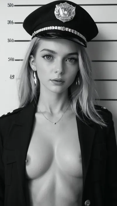 (Monochrome photograph:1.5), (film grain:1.5), Beautiful female 1940s Chicago police officer in a vintage police mugshot style photo. Slim but strong build, fair skin, bold lipstick, hair neatly styled in 1940s waves under a tilted police cap. Wearing an authentic 1940s Chicago police uniform, navy jacket with brass buttons and badge. Shot up against a plain wall with height chart markings, holding a vintage mugshot placard with serial numbers. Black and white photography, grainy 1940s film texture, harsh flash lighting, slightly faded and worn look, authentic period accuracy.