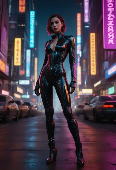 A hyper-realistic cyberpunk art of a futuristic girl standing on a neon-lit futuristic city street. She has a slim, toned, and fit body and is wearing a half leather outfit with glowing neon accents. The background contains vibrant glowing signs and a bustling city life. The image has a cinematic framing, dynamic perspective, and a slightly low angle shot. The lighting is dramatic with high contrast shadows. The colors are vivid and electric. The image is painted in the style of Syd Mead and Hajime Sorayama, with ultra-detailed textures and highlights. The resolution is 4K.