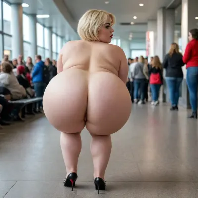 Pale white bbw Pawg woman, blonde short hair, red lipstick, photo showing huge round big ass, thick, juicy butt cheeks, bubble butt, naked, full body squatting in public