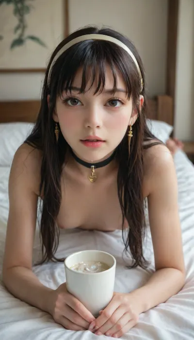 Short 4 foot 9, asian pale skin, young skinny Korean girl, slut face, pretty toes, Show soles, moaning, cutie face, big eyes, round eyes, long hair, brown eyes, athletic breast, (narrow low face), (C cup small breasts), (skinny waist), (skinny), fit, green eyes, Thick black animal collar with padlock, young girl, 18 years old, beautifull girl, prety face, black long hair, Close up feet, ((Ultra realistic)), long black hair laying along her back, submissive, cute face, calm face, gorgeous eyes, laying on stomach on her bed, rear view and view on right side of her body, medium tits, side boob, ((lots of thick cum have been poured on her ass cheeks, thick runny cum running down her ass cheeks:1.6)), looking at viewer, turning head right, bedroom, on the left side wall there is a glass window and outside the window there is a four storey high traditional japanese temple, intricate detail, 8K, UHD, (photorealistic:1.5), yor briar spy x family, <lora:reallora1:.5>, <lora:Oxygen girl_SDXL1.0:.5>, <lora:karina_sdxl_v10:.5>, <lora:275493_training_data:.5>