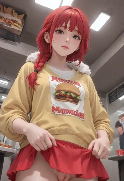 ((large burger pussy)), in Mcdonald, dynamic composition, Best quality, masterpiece, high resolution, detail face, score_9_up, score_8_up, score_7_up, (20yo model), (red hair, two loose braid, straight bangs), (Mc donald t-shirt), (yellow jacket, fur trimmed), (red microskirt), (skirt pulled up), ((squating over burger)), low angle, ((Hentai)), <lora:outline_xl_kohaku_delta_spv5x:1.2>, <lora:NEOTOKIOXL_0.2_RC:1.1>, <lora:Ppolar-P3v1-NbVp10:.8>, <lora:cartoon_stickers_xl_v1:.7>