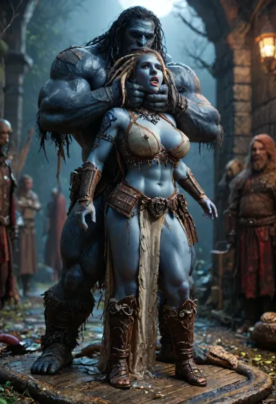 gorgon medusa from mythology, long hair, (woman has dark snake hair:1.7), revealing armor, breasts exposed, puffy nipples, dynamic picture, warrior, ((Drizzt Do'Urden:1.32), drow warrior, (dark night blue skin:1.82), tall, angry, muscular, strong, (wearing Drizzt Do'Urdens armor, magical scimitars, Twinkle and Icingdeath, a bow Taulmaril on his back, daggers, signature Piwafwi cloak with bear fur pelt, dungeons and dragons inspired chainmail), purplish blue skin, black and purple hair, Dark, drow Warrior, Drow, tattooed, scarred, purple eyes, uberfit, blue skin, bloody, blood spatter, Elf, Warrior), Realism_Quality_2xx_By_Stable_Yogi, score_9, score_8_up, score_7_up, ((very handsome femal elf face:1.3)), (((extremely ultra detailed face:1.3))), perfect fingers and hands, break, female drow elf barbarian, (blue skin:1.24), tall, angry, busty, curvy, thin waist, big boobs, big butt, slim, fit, vitiligo, strong, fur pelt armor, dungeons and dragons, purplish blue skin, black and purple hair, Dark, Elf, Warrior, tattooed, scarred, purple eyes, blue skin, amazon, giant, fur barbarian armor, bloody, blood spatter, bear, bear heart, (4 gigantic African black brute thug, huge trunklike arms, huge head, hyper muscular body, dressed in slave clothes:1.12), cock in mouth, (brutal face fuck), Blowjob, (tears in eyes:1.5), (running makeup), (cum drips from nose:1.3), (cum drips from mouth:1.3), ultra hd, photorealistic, gigantic bear cock in mouth, ((gigantic bear cock in mouth:1.6)), oral cream pie, hair grab, sad, sad crying, tongue out, gasping for air, (man is choking woman from behind:1.6), ((hogtied, bound with large chains, tied to a torture table:1.12)), zavy-brbrn, gangbang, double anal penetration, anal spitroast, groupsex, deepthroat, (full body view:1.4), (extreme size difference:1.24), (ultra realistic), (maximum quality), (high resolution), (extreme detail), (ultra realism), UHD, super high quality, highly detailed, high resolution, perfect lighting, natural lighting, Uber realistic, ultra detailed, masterpiece, 35mm photograph, film, professional, 4k, hdr, photographic, ultra realistic, ultra high details, back light, (dynamic pose), (dynamic angle), (random angle), (random pose), (dynamic view), (random view), best quality, volumetric lighting, golden hour lighting, dramatic shadows, rich details, nature-inspired color palette, UHD 8K, (full body photograph:1.1), Movie, Still, Film, Cinematic, Shor, a, zavy-brbrn-sdxl, 2>, <lora:detailed_notrigger:2>, <lora:CinematicStyle_v1:2>, <lora:MJ52:2>, <lora:zavy-brbrn-sdxl:2>, <lora:LCMTurboMix_Euler_A_fix:2>