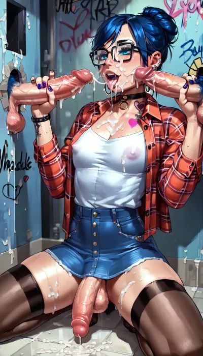 18yo, ((shemale)), (girl with dick:1.5), dickgirl, futa, futanari, cute femboy, (stockings:1.2), a beautiful femboy, ((wearing thick glasses and choker)), ((short denim skirt and flannel)), tied back hair color, legs spread, girl with dick, (futa), shemale, massive hips and a penis reliving two dicks in a gloryhole, on her knees, blowjob, handjob, huge tits, slim waist, sissy slut, large boobs, cum dripping his chin, lot of cum on face, cum on the floor, lots of cum, very hairy, The gloryhole has brickack walls and lots of graffiti and tags, puffy, dark, ghost, wide, erect-futa, erect-penis, woman, testicles, erection, bukkake, cum, sggirl, emo, tattoo, pale, cold, lighting, blue, hair, red, purple, large, breasts, big, boobs, huge, tits, <lora:678016_training_data:1.1>, <lora:SDXLlora13ErFut:.7>, <lora:MS_Real_XL_Bukkake:.6>, <lora:SG_emo_girl_SDXL:.6>, <lora:bombshell_v2:.9>