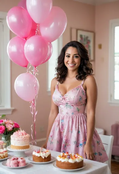 small eboney lounge ebone, exuberant nativa ebone sensualistic boodysuite sexuales, exited face, day, (adorable face Beauty cutie, pupile, bimbo boobs long Bimbo, fringe and ponitails sexual erótica young Latina woman with striking blue eyes celebrating her birthday at her aunt's cozy home, wearing a vintage pink floral dress, smiling among balloons and birthday decorations, warm natural light through the windows, colorful cake on a table, family photos on the walls, candid joyful moment, soft film-like color palette, high detail, 35mm portrait, shallow depth of field. Warm, candid birthday portrait of a Latina woman with blue eyes in a floral dress at her aunt's house.booots pink, creamy i'm nipples sit about table)