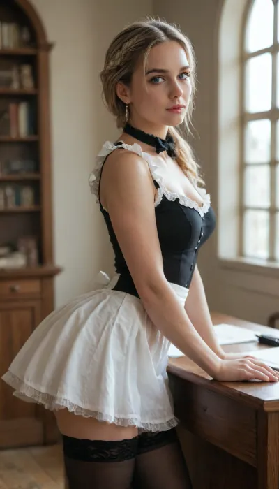 high definition, ultra realistic, masterpiece, (18 years old), (realistic skin texture), ((confident expression)), (extremely beautiful face, perfect body:1.4), seductive woman, soft curled blonde hair, light blue eyes, gothic maid dress, low-cut, thigh-highs, sexy, arching back, (side view), bent over desk, soft warm indoor light, blurred cozy boudoir