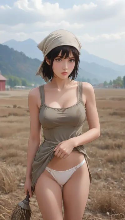 African-American slave, adult black woman, 45 years old, thin, black hair, brown eyes, short stature, working in the field, picking cotton, wearing a dirty dress, large firm breasts, panties, and a firm large ass, 19th century, USA. She is wearing a headscarf. In the background, there are mountains and a barn., <lora:outline_xl_kohaku_delta_spv5x:1.6>, <lora:NEOTOKIOXL_0.2_RC:.7>, <lora:Ppolar-P3v1-NbVp10:1.6>, <lora:cartoon_stickers_xl_v1:1.2>, <lora:EnvyStylizedXL01:1.8>