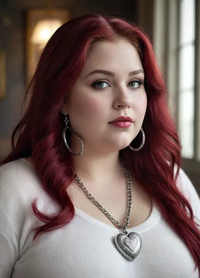 high end photograph black and white with color select with burgundy of a obese young beautiful chubby woman with very long bright burgundy hair slightly dramatic makeup large sliver Hoop earrings with with a high end white cashmere sweater with a tiny silver chain and silver tiny heart locket on it hyper detailed hyper focused 3d effect extreme extreme depth textured paint romance surrealism analytical whimsy fantasy romantic surrealism mystical adornments everywhere, fat, light smile