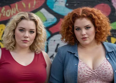 Portrait, close-up, (Two plus-size women in their mid-20s), dressed in modern, funky everyday clothes, are standing in front of a graffiti wall. freckles, wide jawline, One has long red curly hair and the other has a trendy blonde bob. Plump bodies, Both have a cool look about them.