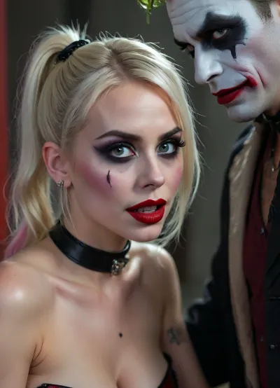 A hauntingly realistic, intriguing, portrayal of the Harley Quinn and Joker character. She, on her knees in front of him, gives a blowjob with a cumshot on her face. The background is dark and slightly blurred, adding to the eerie atmosphere. She wears a BDSM black leather choker. Moreover, she has light gray eyes with false lashes., <lora:BUT_SDXL_SHS:.8>, .