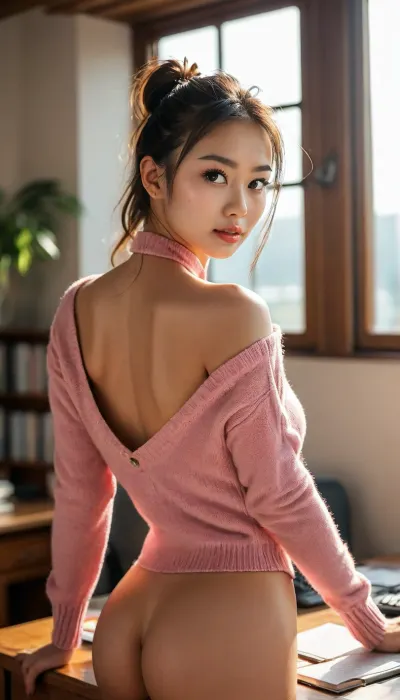 Full body, full view, Asian model, 22 years old, hair in ponytail, false eyelashes, makeup, (very long nipples), ((skinny)), pink blouse, sweater, office, shot from below, good posture, arched back, ((Ultimate realistic photo details)), (((dynamic sexy pose))), (((bright sunlight))), detailxl, large, breasts, big, boobs, huge, tits, <lora:MJ52:.8>, <lora:710302_training_data:.8>, <lora:bombshell_v2:.2>, <lora:RealDownblouseXL2:.4>