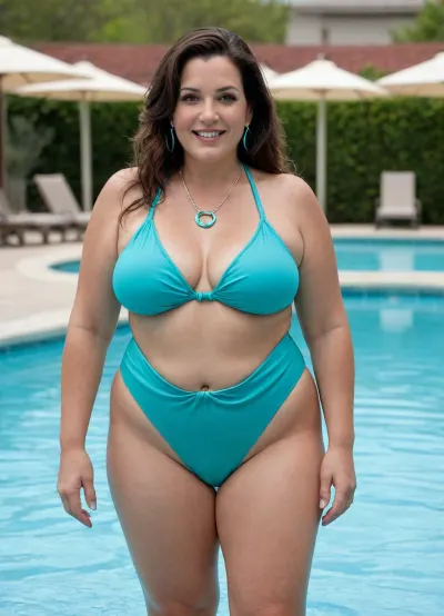 old mature, sexy 45 years, dark brunette, wave long hair, huge hoop earrings, necklace, very fat bbw big woman, small tits, at the swimming pool, wet hair, wet body, ((full frontal body view)), swimming, looking at the camera, sexy naught smile face, charming, very hot and horny, sexy turquoise high delta bikini