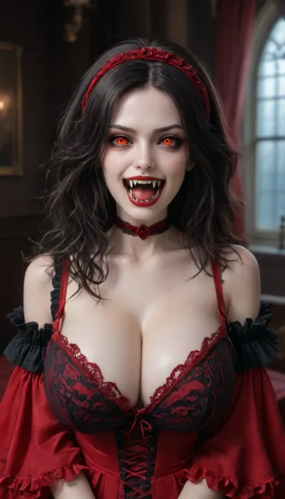 A tall athletic seductive beautiful, sultry, gorgeous, model, horny, sexy, sharp image, selectively looking into the camera, (3/4 body image), statuesque seductive busty vampire naked in a gothic castle bedroom, highly detailed beautiful hypno spiral eyes, (two long fangs:1.5), gothic lingerie, lace stockings, choker, victorian lingerie and jewellery, ((vampire fangs:1.7)), blood on her teeth, red lipstick, juicy plump red lips, (massive breasts:1.5), pronounced feminine features, (angry), pale skin, very long black messy hair, ultra skin texture, pale, skin, <lora:Pale_Skin_SDXL_v1.0:1.8>, <lora:PerfectEyesXL:1.7>