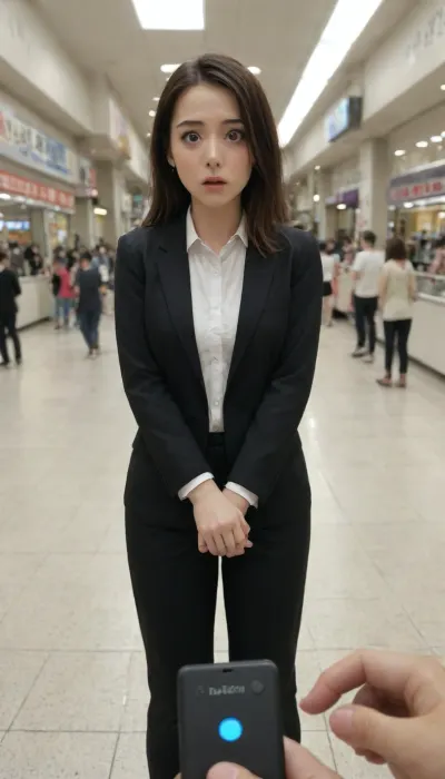Look a viewer, frown, knees together feet apart, hands covered crotch, embarassed, standing, in mall background, (Comfyui with controlnet), Model, white collared shirt, black formal pants, remote, controller, control, holding, pov, shocked, ((surprised)), nonplussed, <lora:crowd_notrigger:.8>, <lora:remocon_SDXL_V2:.8>, <lora:shocked:.8>