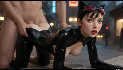 masterpiece, best quality, high resolution, hires, score_9, score_8_up, score_7_up, score_6_up, (DC Comics Catwoman:1.4), shiny black latex skin-tight cat suit, black cat ears, black cat tail, really short black hair, medium perky breasts, rasin nipples, wide areola, thick thighs, heart shaped ass, skinny skin, hairy pussy, big bush, looking back at viewer, ahegao expression, man out of view, gigantic monster cock, (doggystyle:1.4), pussy penetration, balls deep, (bent over with face pushed to floor), back arched, on a alleyway, at night, Gotham city in background, detailed background, focus face, behind view, close up, ratatatat74, incase style, anime fantasy, Red, Hood, deepthrt, <lora:287175_training_data:1.4>, <lora:ratatatat74-000050:1.4>, <lora:Red Hood:1.4>