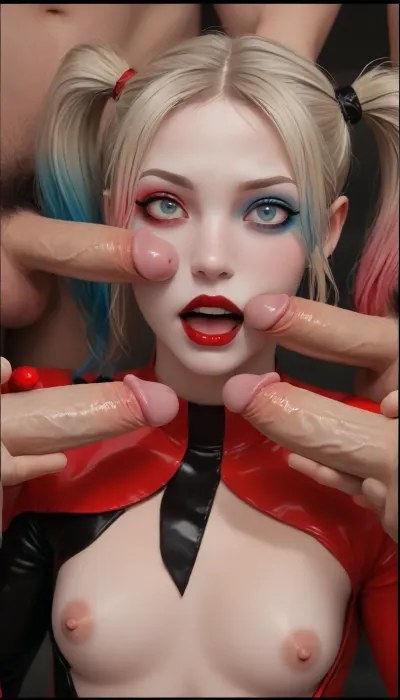 masterpiece, best quality, high resolution, hires, score_9, score_8_up, score_7_up, score_6_up, (Harley Quinn:1.4), blond hair in big fluffy pigtails one dyed blue the other dyed red, in a red and black skin tight leather clown wetsuit, slim body, flat chested, gumdrop nipples, big areola, hairy pussy, big bush, (Harley is on her knees giving handjobs to two cocks and deepthroating a third cock), metal nipple clamps, metal clamp on clit, ahegao expression, deepthroat, throat penetration, sloppy wet mouth, many man stroking cocks around Harley's, (gangbang), handjobs, side view, close up, at night, in batman's bat cave, detailed background ratatatat74, incase style, anime fantasy, Harley, Quinn, <lora:287175_training_data:1.4>, <lora:ratatatat74-000050:1.4>, <lora:hqhbo-000009:1.4>