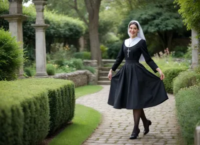 In the heart of a lush, verdant garden, a young woman dressed in a traditional nun’s attire moves gracefully in a playful dance. Her long black gown with a crisp white collar flows naturally around her legs, contrasting vividly with the vibrant greenery. A golden cross pendant on a delicate chain rests at her neck, catching the light as she moves. Her black veil is pulled back slightly, revealing a mischievous grin, and her tongue shows a striking green barbell piercing. Her short bobbed hair, tipped with bright green highlights, frames her face with a whimsical charm. She wears black tights and simple black shoes, her posture confident and balanced, one hand resting on her hip and the other gently leaning on a nearby stone bench. The medium camera shot captures her full figure and the surrounding garden, including trimmed bushes and a low stone wall in soft daylight, emphasizing the playful juxtaposition of traditional religious clothing and lively, expressive movement. flux 1d +lora