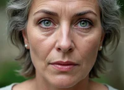 (Réalisme), portrait d'une femme de 60 ans, visage détaillé, des rides aux coins des yeux, le front froncé, cheveux argentés courts, yeux verts intenses