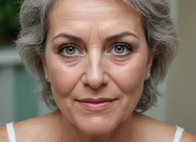 (Réalisme), portrait d'une femme de 60 ans, visage détaillé, des rides aux coins des yeux, le front froncé, cheveux argentés courts, yeux verts intenses, nez bosselé, maquillage intense des cils, souriante