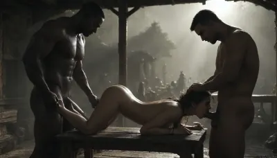 Interracial, african village outdoor, tribal village, huge black muscular tall tribal warrior, tribe members around, white russian woman with very pale clean skin, oiled bodies, white girl, white milf, pale woman, European woman, naked woman, various sex, bent forward, hands tied to bench, fucking her rough, closed eyes, open mouth, ass up, struggling, side view, Black, and, white, art, black, brutal, dark, b/w, color, scheme, sunlight_str1, cloudy, smoke, atmospheric, clouds, fog, <lora:dark:.1>, <lora:Black and white art.V1:.3>, <lora:sunlight_str1-SDXL_v1-dim64-steps1691:.8>, <lora:Sweaty_Realism_4-000006:1.4>, <lora:Cloudy_Style:1.6>