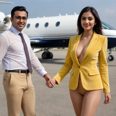 Indian Bengali woman, 18 years old young Beautiful sexy bengali sexy married wife, prominent sexy face, mediam breasts, high tied up hair, (smile:.7), (clothing, (micro mini very short length, fully transparent totally seethrough nylon pantyhose with a proper yellow velvet blazer without shirt, seethrough transparent pantyhose, pantimedias, with a businessman who is in business suit, holding the business man's hand, standing outside a private jet airplane on a crowded airfield)), shaking hand with a crowd of businessman delegation, among the crowd, showing naked pussy through the hose to the crowd