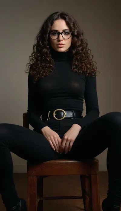 hot brunette, (dark long curly hair), black tight jeans, belt, tight dark turtleneck, glasses, sitting facing viewer, legs crossed, extreme narrow waist, ((extreme big butt)), big tits