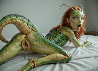 photorealistic, detailed, 4k, masterpiece, sexy face, ginger, petite, (open mouth flowing saliva), (transforming into a sexy fit hybridexa mantis girl:1.35), (mantis parts:1.3), (mntis feet), extreme detail, (mantis eyes), in a bedroom, (insect scales on her arms and hands:1.3), (MANTIS SCALE TEXTURE), (big spread open alien vagina, insect vagina texture:1.3), (laying on her side), (SEXY BUTT), (MEDIUM BOOBS), (tail), <lora:hybridexa:.95>, x, morphing, into, y, <lora:SDXL1.0-LoRa_Zeitgeist-Morphing-Concept_by-AI_Characters-v1.0:.8>, doggystyle, from, behind, human, on, anthro, feral, <lora:SDXL_Human_Male_Furry_Female:.8>