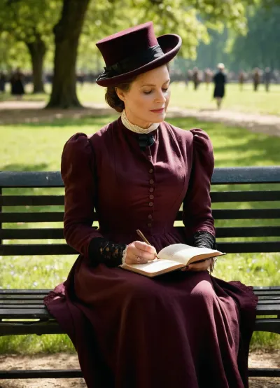 A woman in her late forties, embodying the worn elegance of Balzac's era, seated on a wrought-iron bench beneath the dappled shade of an ancient oak tree in a bustling Parisian park. She wears a faded but meticulously kept burgundy day dress with a high collar and lace cuffs, her hands cradling a leather-bound journal open to verses inked in precise, looping script. Sunlight filters through the canopy, illuminating dust motes and the faint lines of concentration on her face as she reads aloud to an unseen audience, while behind her, blurred figures in 1830s attire—top hats, bonnets, and tailored coats—stroll along gravel paths flanked by manicured flowerbeds and distant, hazy city spires, NEGATIVE_HANDS