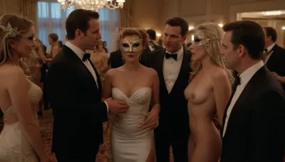 two married couples, husband and wife, meeting together, romantic meeting, swingers, (meeting for sex), wives with beautiful hairstyles, well-groomed, social party, wives in carnival masks, buffet, wives completely naked, (only in stilettos), wives with huge milky tits, husbands in expensive suits, (full-length image), (realistic), (high-quality image)