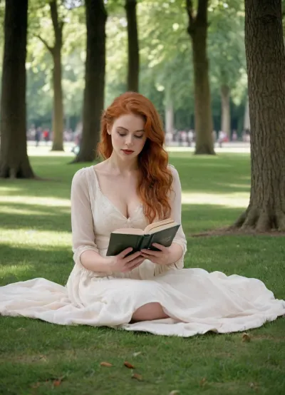 A young, beautiful red-haired poetess with flowing hair, sitting on the lush grass in the 1920 Jardin du Luxembourg. She is engrossed in reading a poetry book, her expression serene and contemplative. The scene is set during late afternoon with soft, low light filtering through the dense canopy of trees, casting dappled shadows on her and the surrounding greenery. The atmosphere evokes a peaceful, nostalgic mood reminiscent of early 20th-century Parisian life. The scene captures the vintage elegance of the 1920s, with her elegant attire reflecting the fashion of that era. The style is a romantic, emphasizing warm, and gentle lighting that highlight the intimate, tranquil moment. The framing is wide, capturing the lush park environment with tall trees and the historic ambiance of the Jardin du Luxembourg, creating a timeless, poetic atmosphere. Perfect eyes, masterpiece, big breast, cleavage, hyper realism, 4k, no blur, perfect face, symmetrical visage