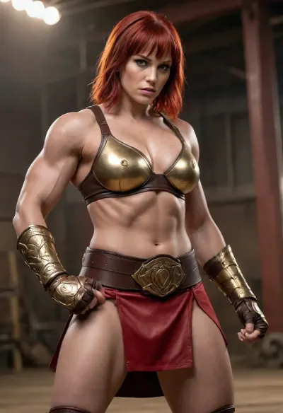 ((muscular female fighter)), ((massive muscles)), hyperrealistic, (towering woman), massive woman, ((extremely muscular woman)), roman gladiator, broad shoulders, massive breasts, short red hair styled like a gladiator helmet, ((strong physique)), ((detailed thighs abs and arms)), (dark brown leather sports bra with gold accents), (red skirt), gold jewelry, (mma gloves), gladiatorial arena scene, pale tan skin, lots of detail on clothing and armor, sharp expression, (intense expression), aggressive expression, (aggressive pose), powerful stance, close up view