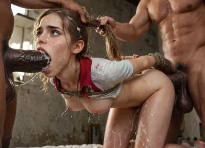 (detail Hermione Granger face), realistic cum, (cum on clothes), cum on, (Cum flows:1.5), (cum on body), cum on hair, (cum on face), bukkake, ((Clothes and body covered with semen)), (mouth wide open:1.4), (mouth filled with cum:1.5), beautiful face, (cum on hair:1.3), young adult woman, (detail thick white cum on hair), (detail thick white cum on face), (huge dick), (creamy deep deepthroat:1.1), (extreme oral sex:1.4), (huge massive white dick:1.4), (cum), (hands holding hair), close up, detailed and infocus face, extreme details, (volumetric lighting), (maximum quality:1.5), (high resolution:1.5), (maximum detailed:1.5), cum explosion from mouth, cum explosion from nose, wide eyes, throat bulge, puffy cheeks, thick cum, holding her head with both hands, photorealistic, anatomically right, man holding the back her head, sad, sad crying, tongue out, brutal face fuck, Blowjob, hard nipples, (five Black skin hyper large muscular men), (5 very large and hyper thick black cocks), (monster black cock:1.6), sweaty, steamy, detailed face, embarrassed expression, shy, blushing, looking at viewer, almost naked, hourglass waistline, perfect anatomic body, ass up, anal spitroast, gagging on cock, random pose, random view angle, ((hogtied, bound for sex, tied up)), (((hyper gigantic large black cock in mouth:1.3))), cum drips from nose, cum drips from mouth, (pulled nipples:1.2), nipple clamps, spitroast, hair grab, holding head, deepthroat, (((hyper large cock in mouth:1.3))), oral cream pie, screaming, shocked, tearful, deep anal penetration, (pigtails:1.3), cum explosion, post orgasm, last orgasm, shot from below, Uber realistic, 8k, ultra detailed, masterpiece, arched back, detailxl, 35mm photograph, film, professional, 4k, 1girl, 5 boys, hdr, photographic, ultra realistic, ultra high details, back light, (front view), (dynamic pose), best quality, incredible body, anal sex, with large muscular black men, gargantuan black cocks, anal sex expansion, ravenous hyper sex, large hyper muscular black men, interracial gangbang, (interracial sex), swollen black veiny cocks, (double anal penetration), hardcore double penetration, proper physics, big black cocks, muscular black interracial gangbang, (forceful penetrations), extremely graphic, shocked expression, beautiful hands, massive cum in ass detailed background, dynamic angle, volumetric lighting, highly detailed, golden hour lighting, dramatic shadows, rich details, nature-inspired color palette, (eyes wide open in horror:1.24), (wide mouth spreader:1.5), (pleading expression:1.18), (terrified:1.12), (crying:1.2), (fear and panic:1.18), UHD 8K, (full body photograph:1.1), Hermione_Granger, <lora:Hermione_Granger:2>, <lora:detailed_notrigger:2>, <lora:677862_training_data:2>, <lora:LCMTurboMix_Euler_A_fix:2>, <lora:JuggerCineXL2:2>