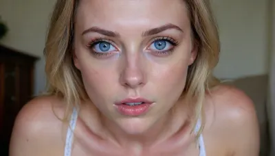 26 yo woman, seethru top, single person, bending torwards camera, standing, seductive, lustful, blue eyes, wideshot, 4k, photorealistic, intricately detailed face, intricately detailed pussy, intricately detailed eyes, cum filled pussy, lots of cum dripping from pussy