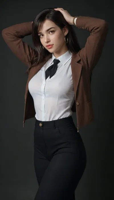 Solo, Beautiful tifa lock hart, looking in a seductive manner, eyes looking straight at the us, fair skin, long dark wavy hair, brown blazer, white shirt, black tie, black pant, sexy body, cute face, clear skin, close up, whole body visible, wearing golden anklets, golden bangles, golden chain, curvy figure, thick arms, thick hips, thick thighs, seductive face, looking at the viewer with lust, beautiful detailed face, amazingly sexy face, side view, standing straight in a sexy way, hands over her head, black background, rim lighting, key lighting